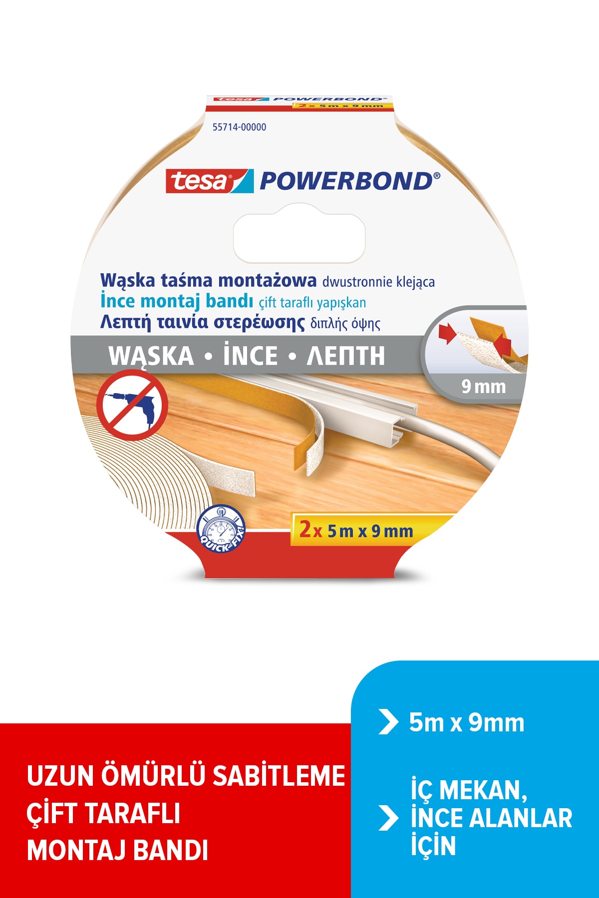 TESA Powerbond İnce Çift Taraflı Montaj Bandı, 5m:9 mm