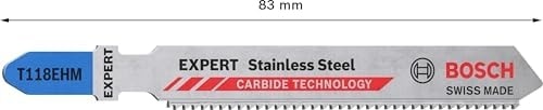 BOSCH Storemax Professional 3x Expert 'stainless Steel' T 118 Ehm Dekupaj Testere Bıçakları (Paslanmaz Çelik Saclar, Paslanmaz Çelik Saclar, Uzunluk 83 Mm, Aksesuar Dekupaj Testeresi)