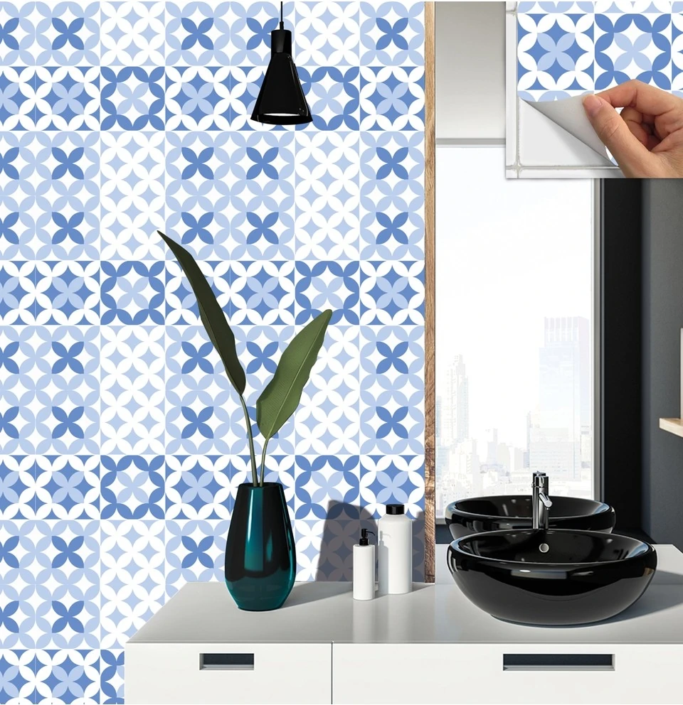 Kendinden Yapışkanlı Mavi Çiçek Desenli Pvc Karo 30X30 cm (33 Adet) 3m2