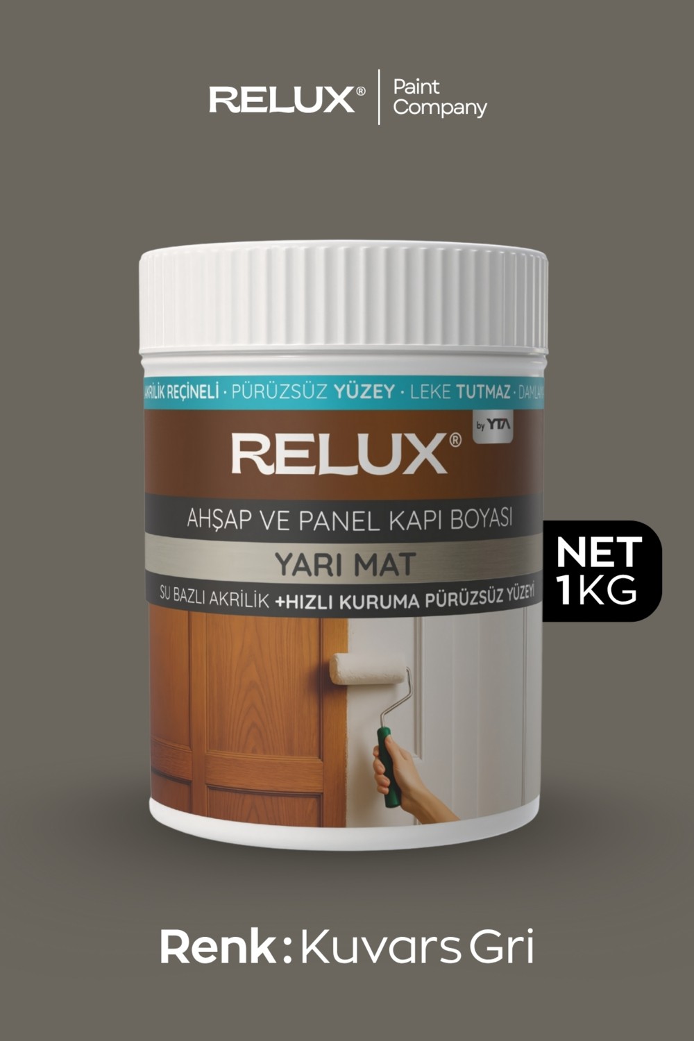 Su Bazlı Pürüzsüz Ahşap & Panel Kapı Boyası – Kokusuz, Sararma Dirençli, Yarı Mat, Hızlı Kuruyan 1kg