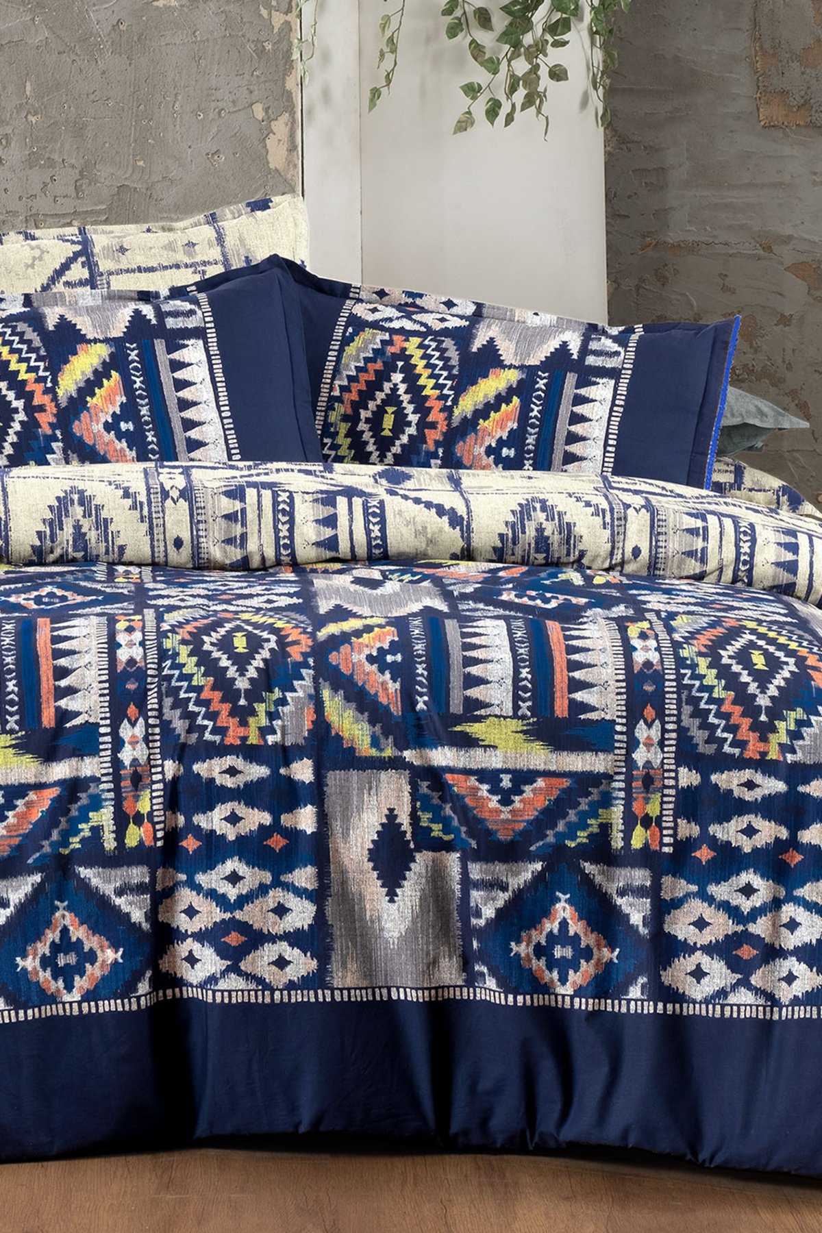 Gilya Mavi King Size (Battal Boy) %100 Pamuk Poplin Yıkamalı Çift Taraflı Nevresim Takımı