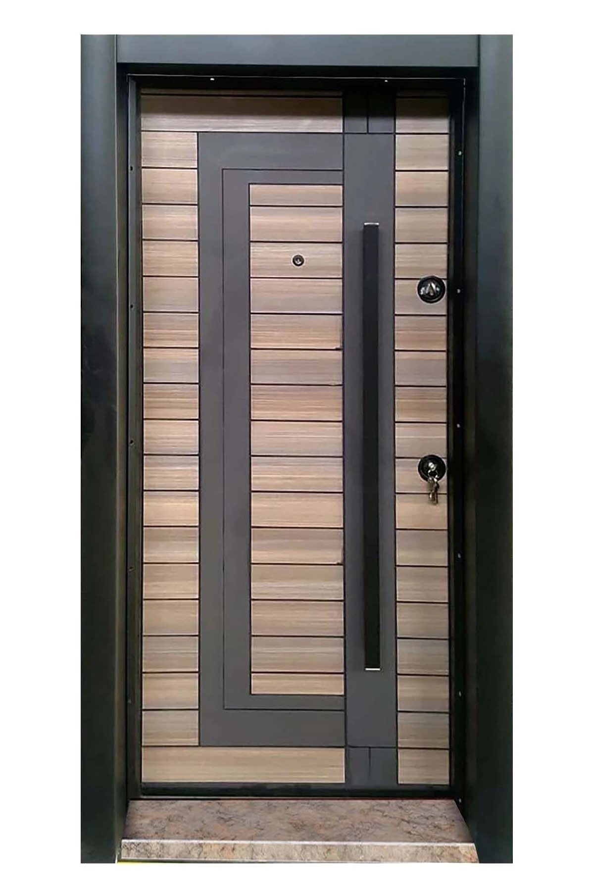 Çelik Kapı Modelleri Siyah Kasalı Rustik Çizgili Düz Model Daire Kapısı Sağ Açılım