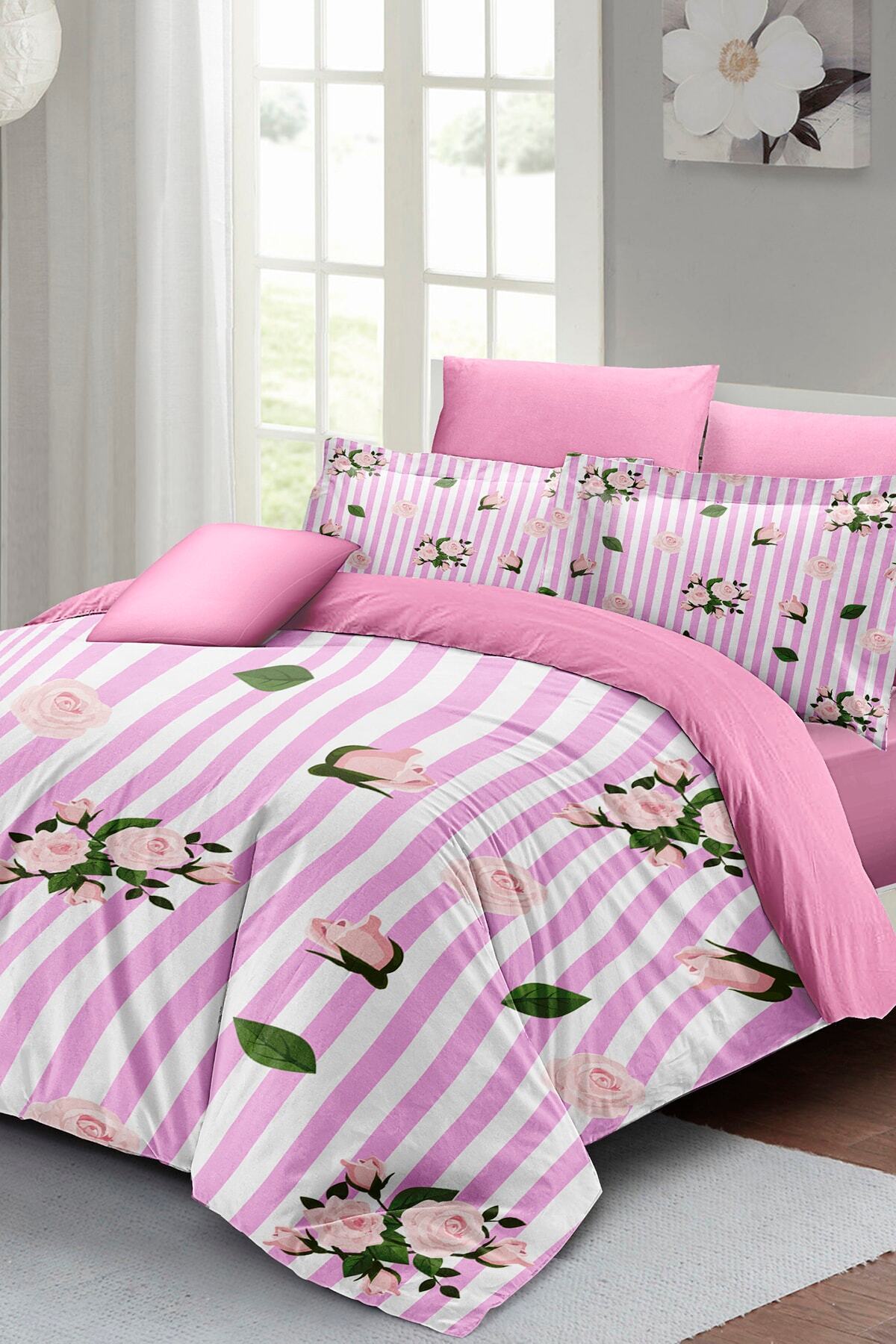 Kıng Sıze Çift Kişilik Nevresim Takımı %100 Pamuk Saten Naturel Roses 220x240cm