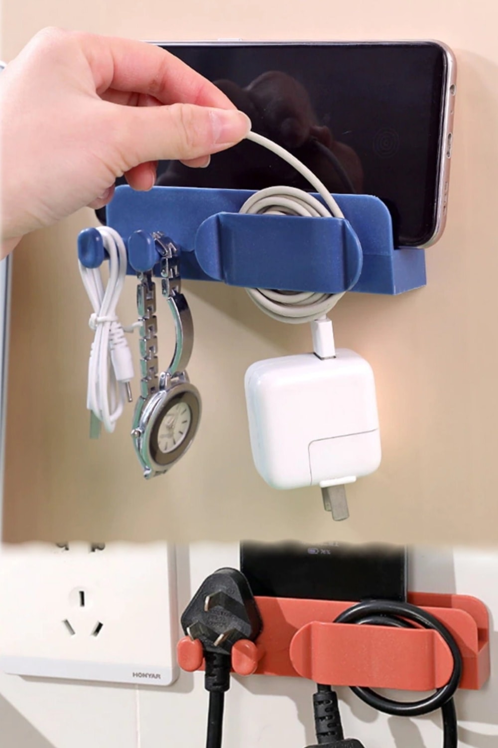 2 Adet Telefon Şarj Kablo Askısı Saat Takı Anahtarlık Düzenleyici Yapışkanlı Telefon Şarj Kablo Standı 2 Adet