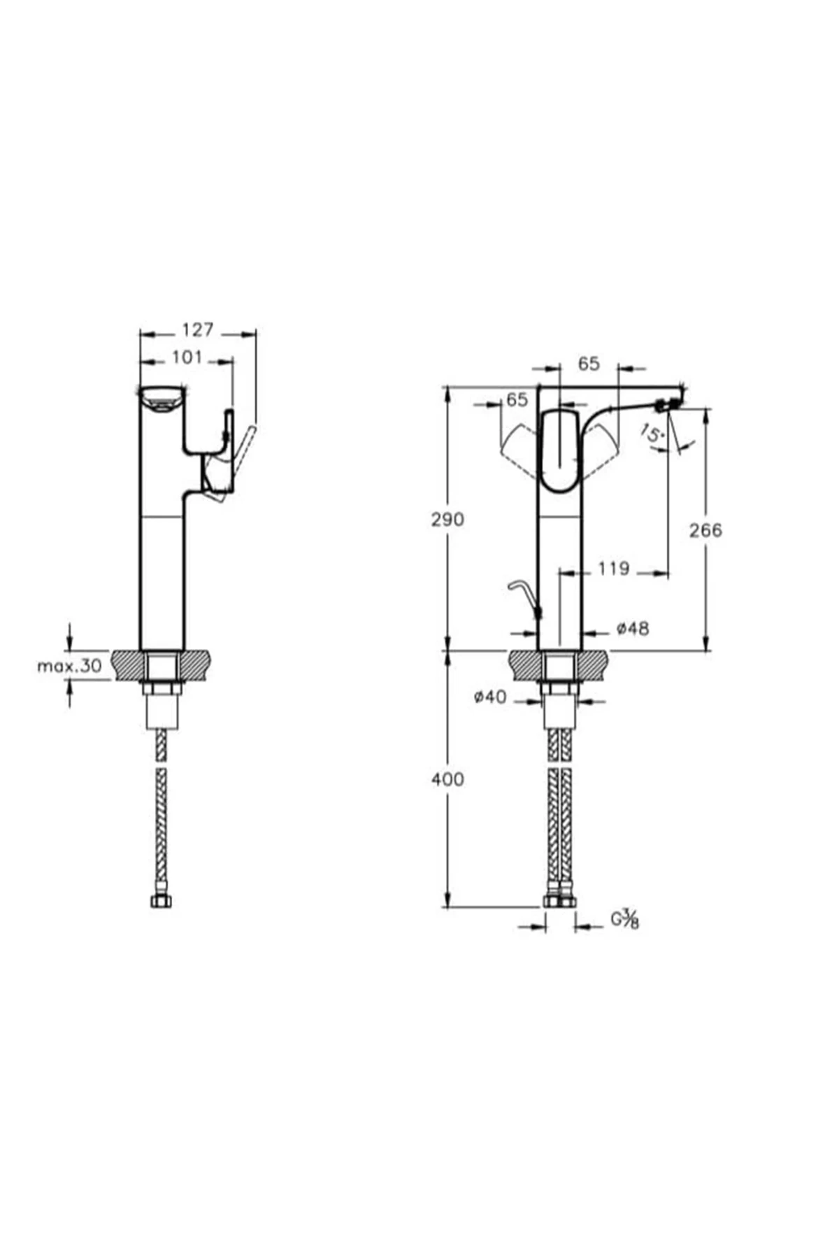 Sento A42523 Lavabo Bataryası - Yandan (YÜKSEK) Krom