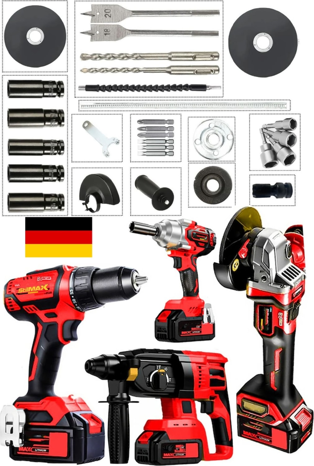 Kömürsüz RED4ST 20AHX 4'lü Set Akülü Şarjlı Vidalama + Somun Sökme + Taşlama + Kırıcı Delici Seti