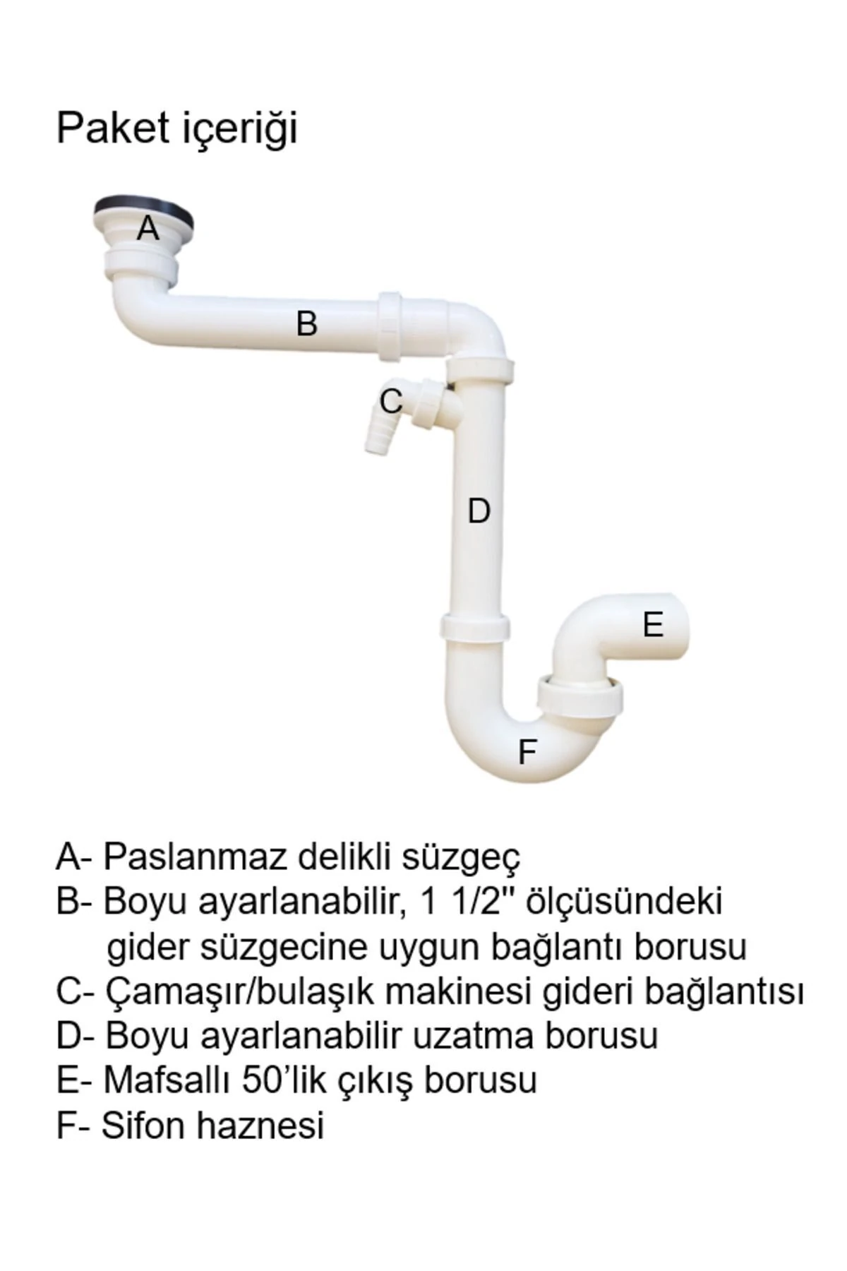 Yer kazandıran lavabo sifonu evye sifonu, delikli süzgeçli, 50lik çıkış, koku önleyici gider borulu