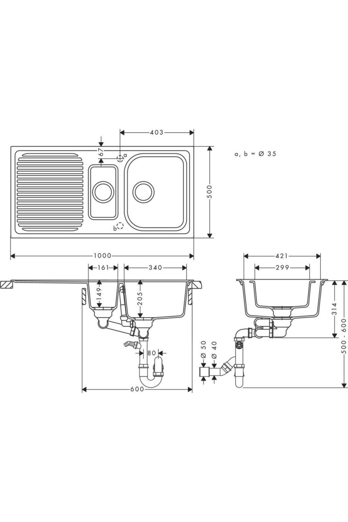 S520-F525 Ankastre Granit Eviye 980/480 otomatik gider seti ile Taş Grisi