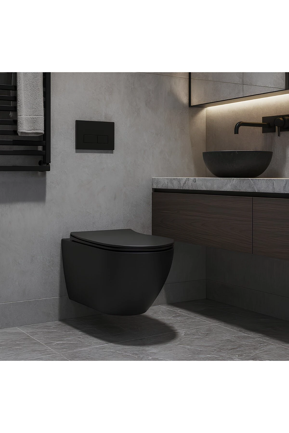 Rondo Mat Siyah Kanalsız Asma Klozet RND5512B, Rondo Duroplast Yavaş Kapak