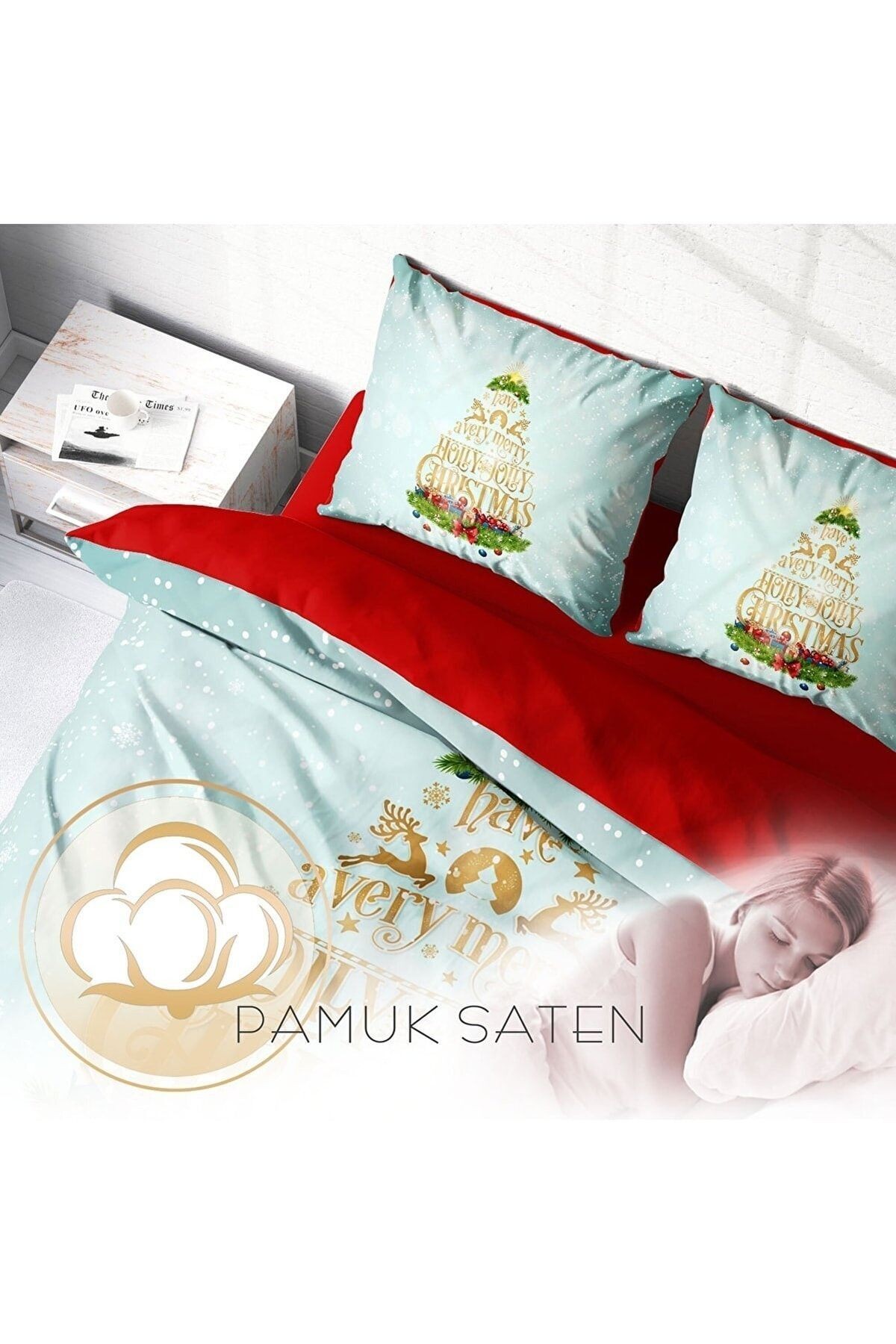 Yılbaşı Süsü Holly & Jolly Noel %100 Pamuk Saten 3d Çift Kişilik Nevresim Takımı