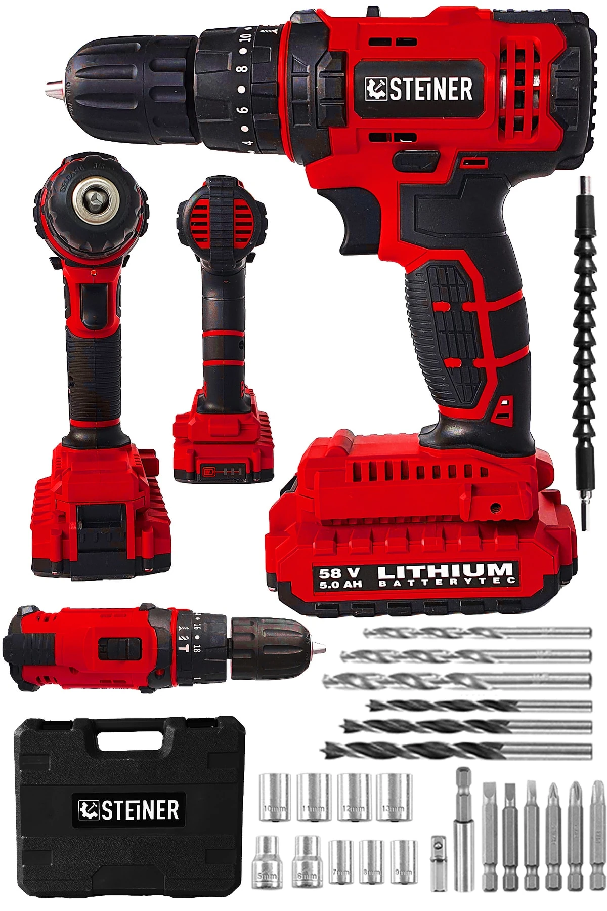 Alman 58 V 5 Ah Darbeli Lityum Çift Akülü Sjs Metal Şanzıman Şarjlı Vidalama Matkap 24 Pcs Set