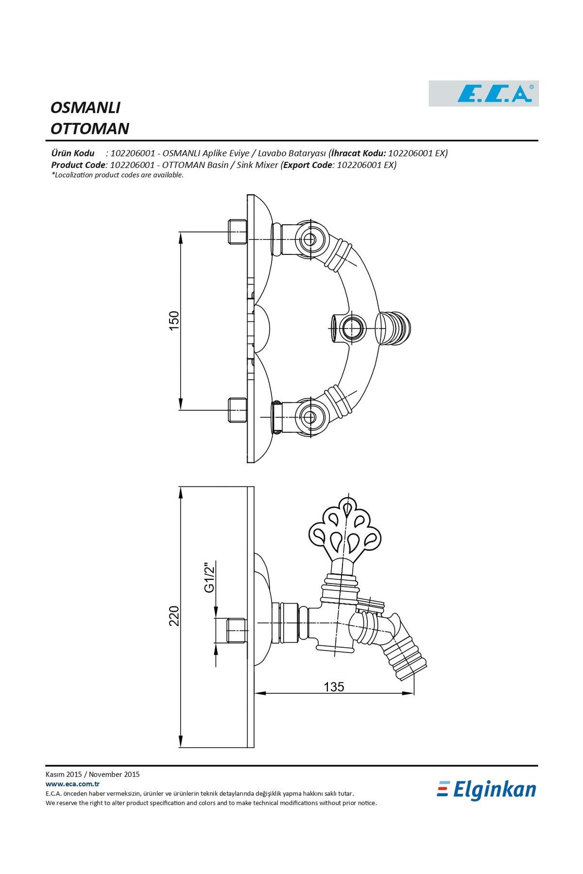 Osmanlı Aplike Duvardan Mutfak Eviye Lavabo Bataryası 102206001