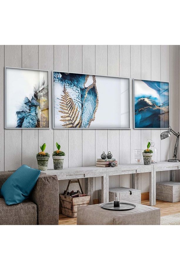 Gümüş Metal Çerçeveli Mavi Desen Modern Üçlü Kırılmaz Cam Tablo Seti