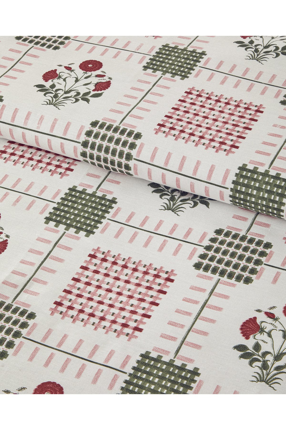 Floral Grid Pamuklu Çift Kişilik Nevresim Seti Gül Kurusu
