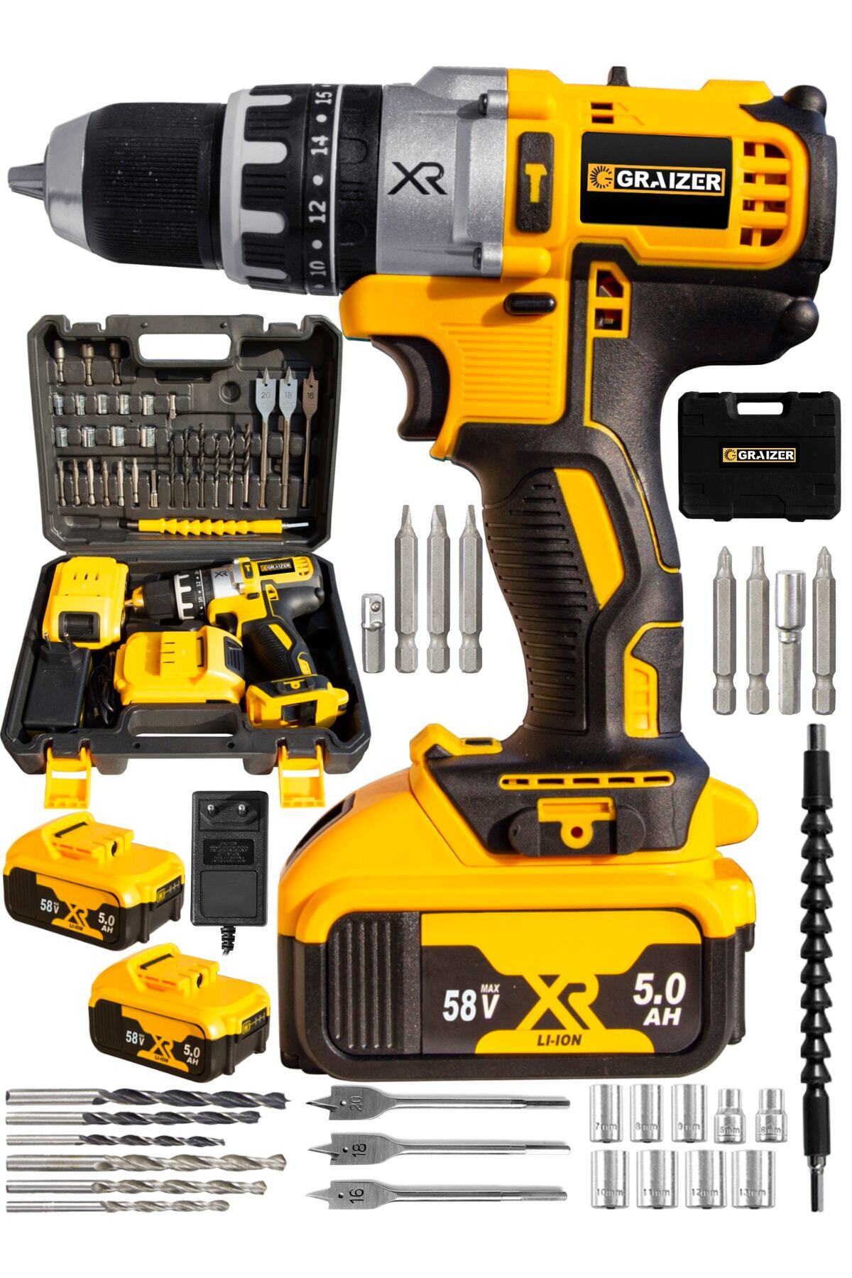 Alman 58 V 5 Ah Darbeli Bakır Sargili Metal Şanzuman Şarjlı Çift Akülü Vidalama Matkap