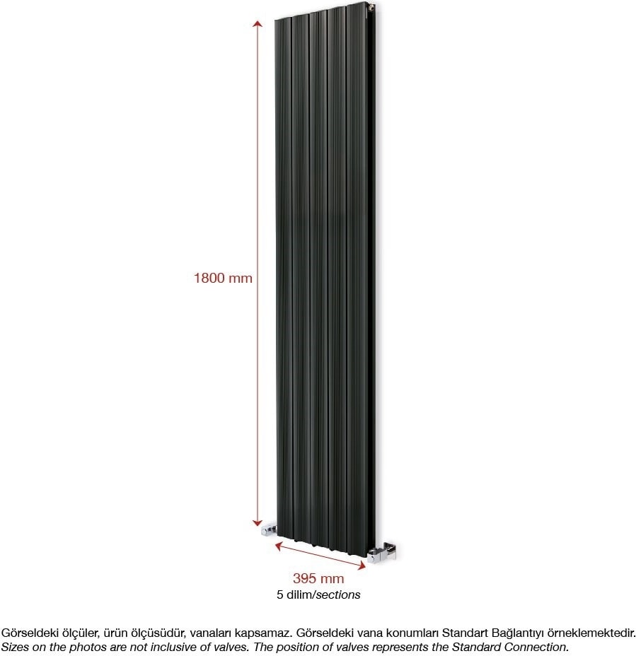1800 x 395 mm Amber Dikey Antrasit Alüminyum Radyatör Standart Bağlantı