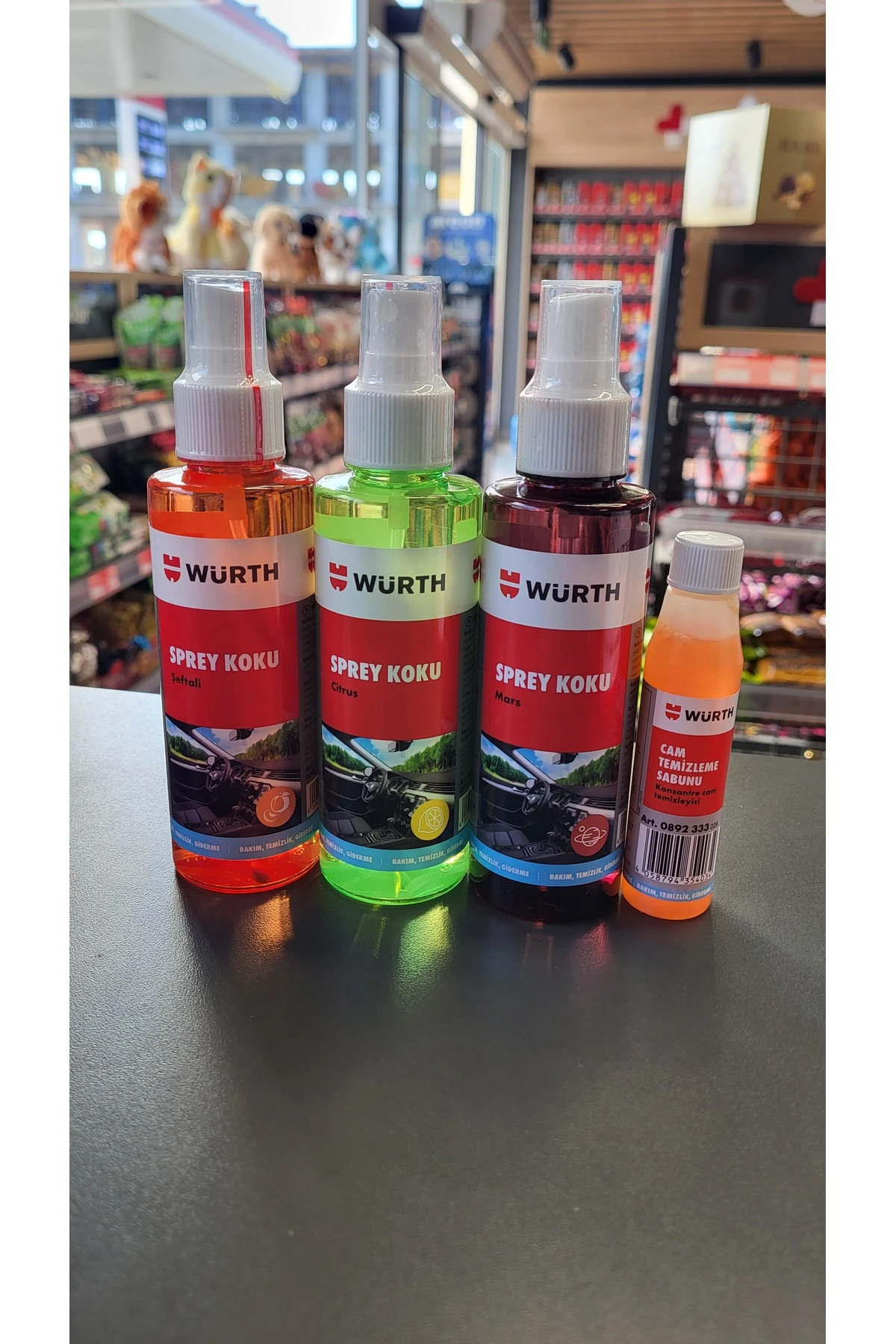 araç içi sprey koku şeftali,citrus,mars ve cam temizleme sabunu