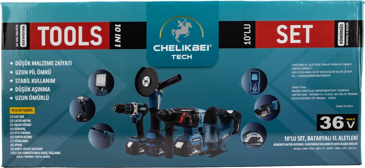 Onlu Set (Led Işık + Kırıcı Delici Matkap+Avuç Taşlama+Somun Sıkma+Vidalama+Sunta Kesme+Dekupaj+Lazer Metre+Oto Yıkama+Çok Fonksiyonlu Avuç Taşlama)