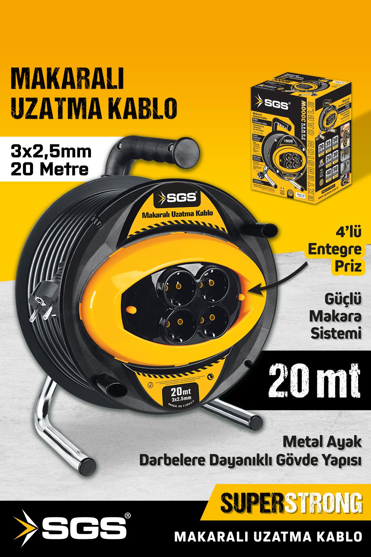 SGS2133 3x2,5mm 20 Metre Makaralı Uzatma Kablo Metal Ayaklı 4 Lü Priz