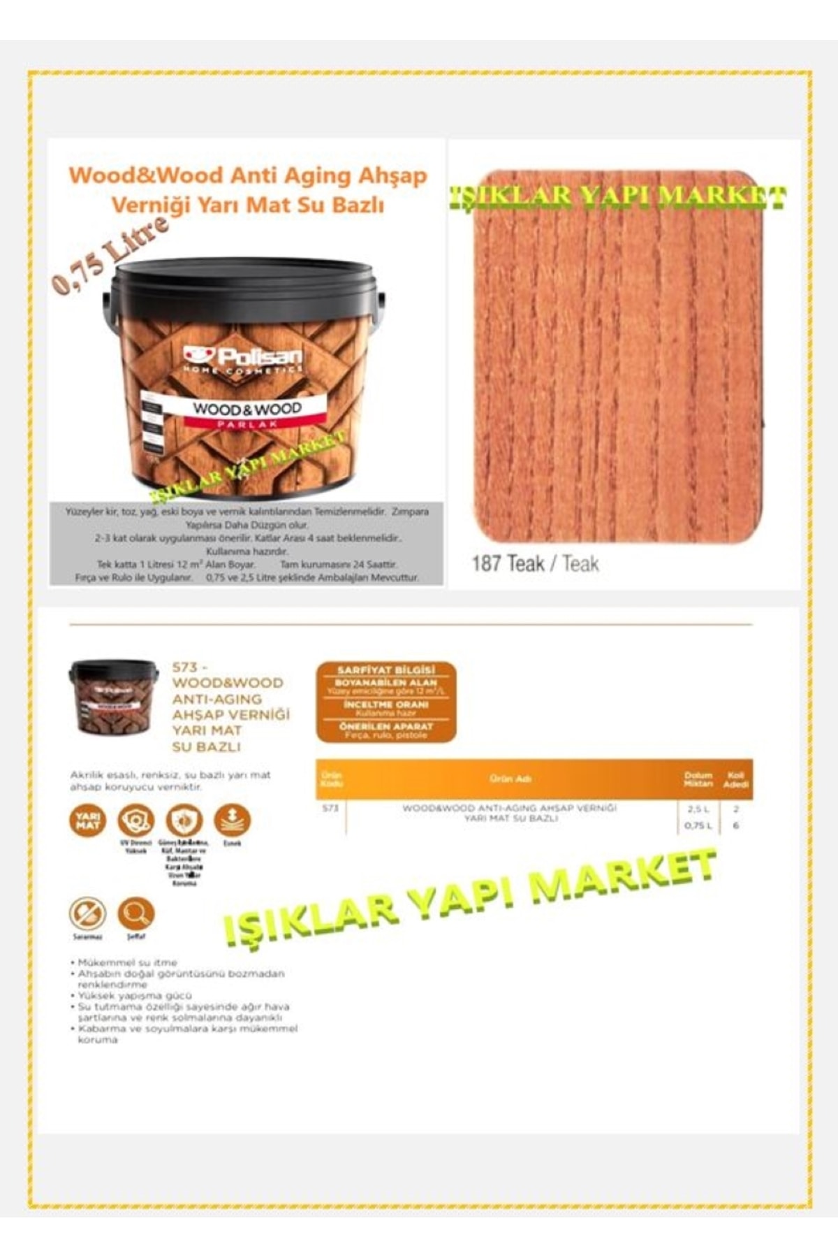 Wood&w-antiaging-ahşap Verniği-yarı Mat-su Bazlı-0,75litre (0,850KG.)-187-teak