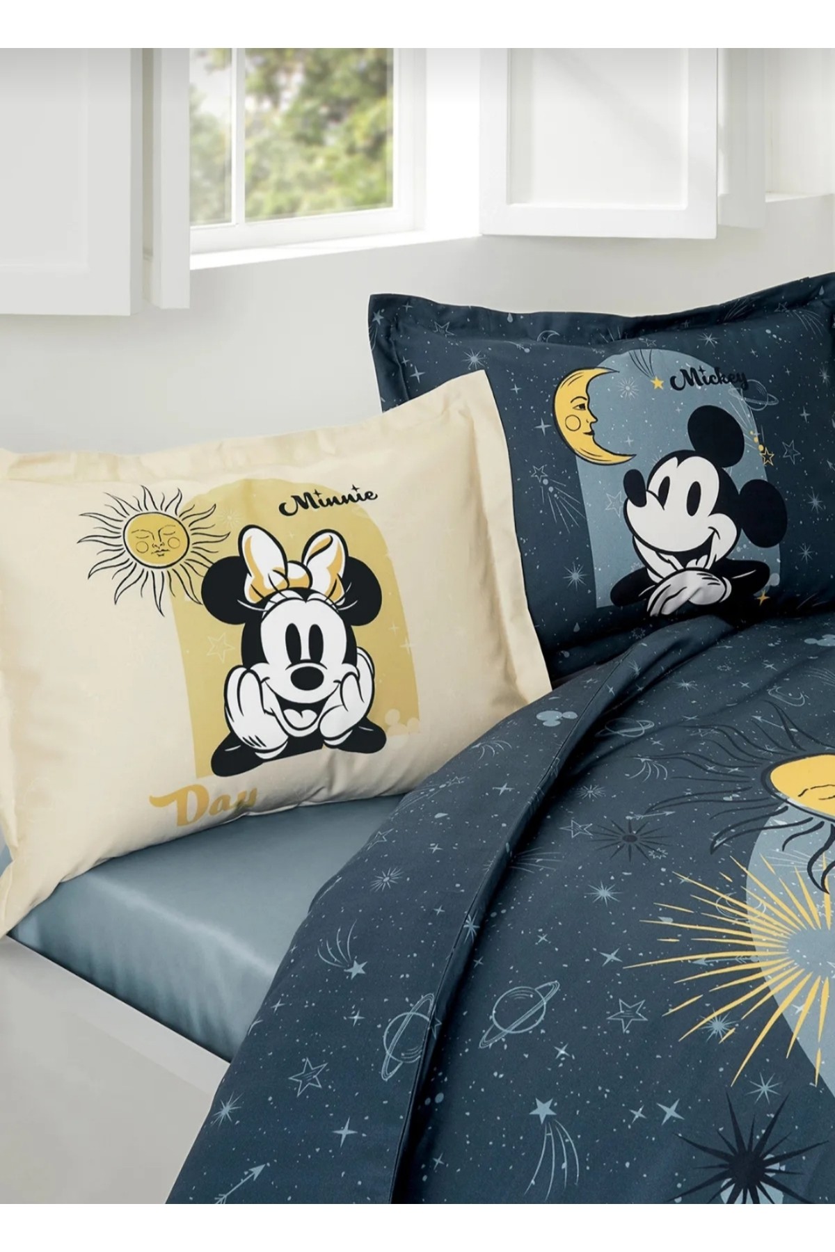 Mickey Minnie Day Mavi Disney Lisanslı Çift Kişilik Nevresim Takımı (Lastikli Çarşaf)
