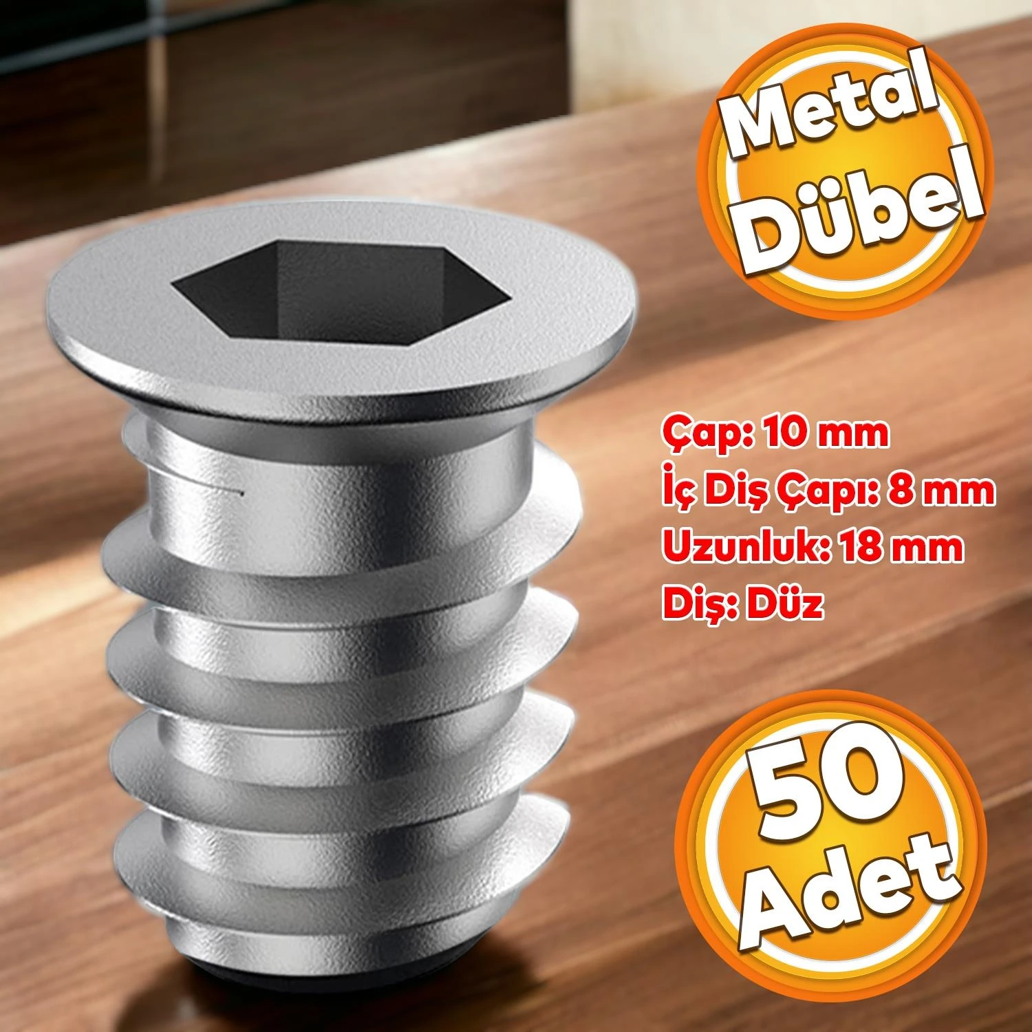 Metal Düz Dişli Dübel Ahşap Dübeli M8 10X18 Diş Çinko Mobilya Bağlantı Ünite Birleştirme (50 Adet)