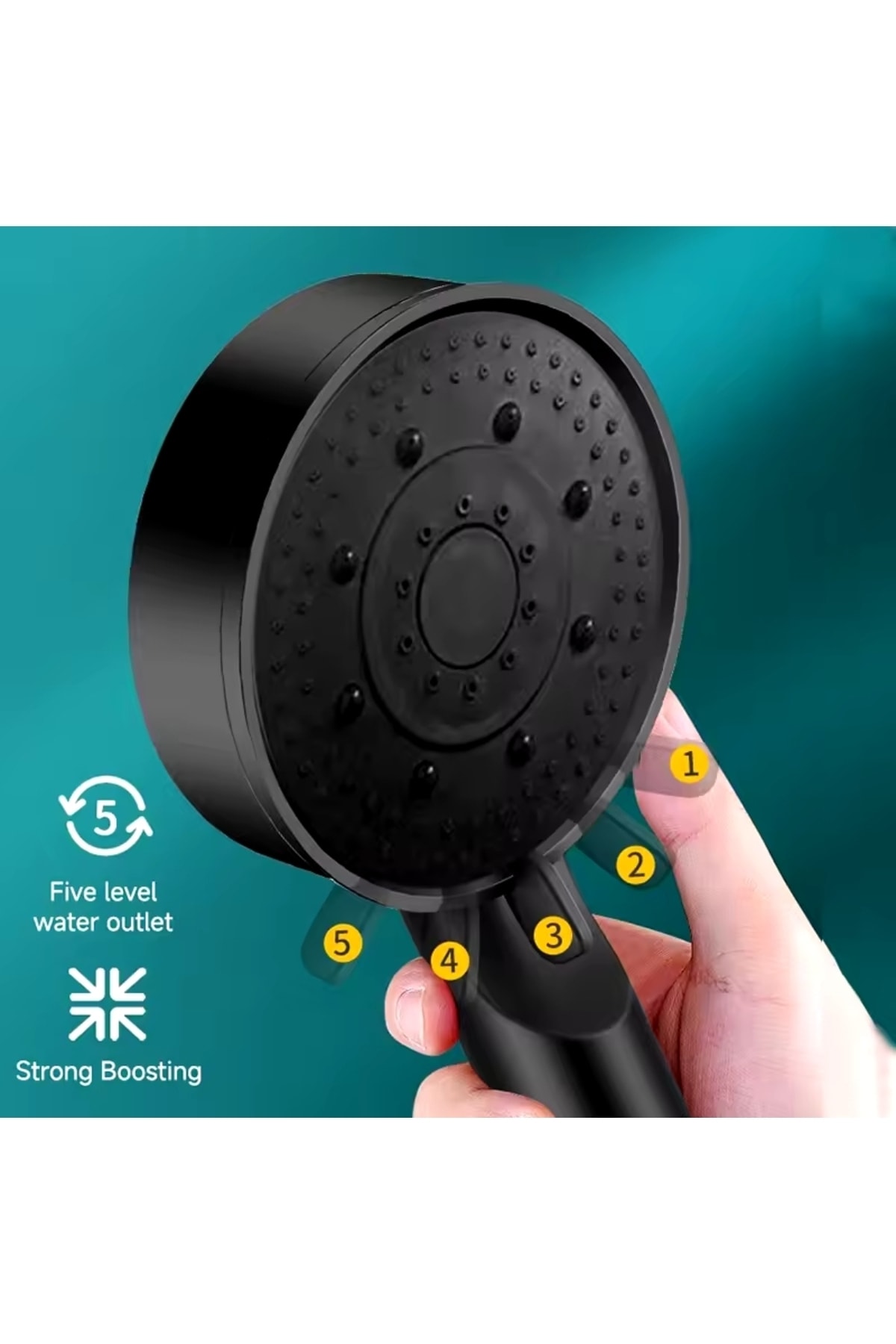 Tayzikli Yüksek Basınçlı Siyah Duş Başlığı Yapışkanlı Duş Mafsalı 150cm Hortumlu Duş Seti