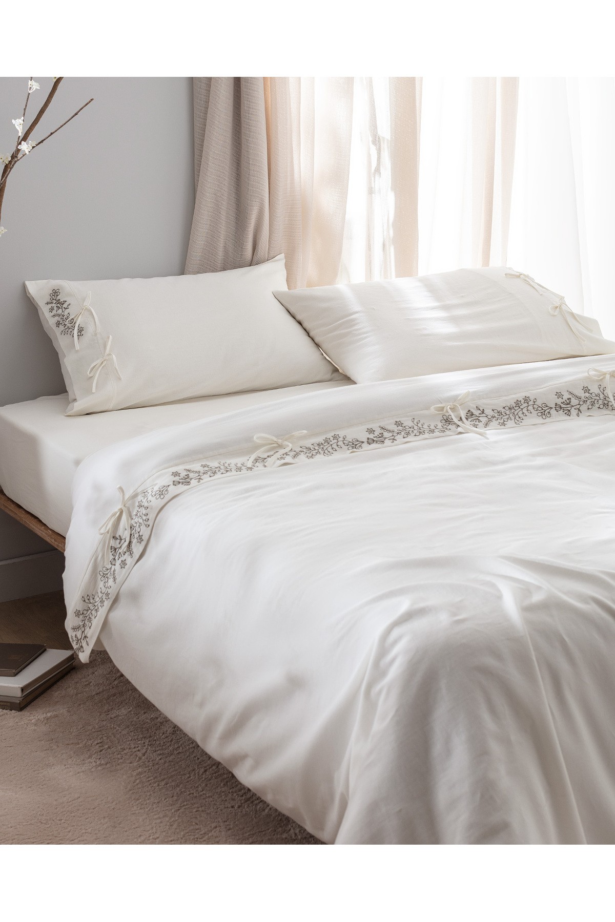 Relief King Size %100 Pamuk Bağlamalı Nevresim Takımı - Ekru/Haki