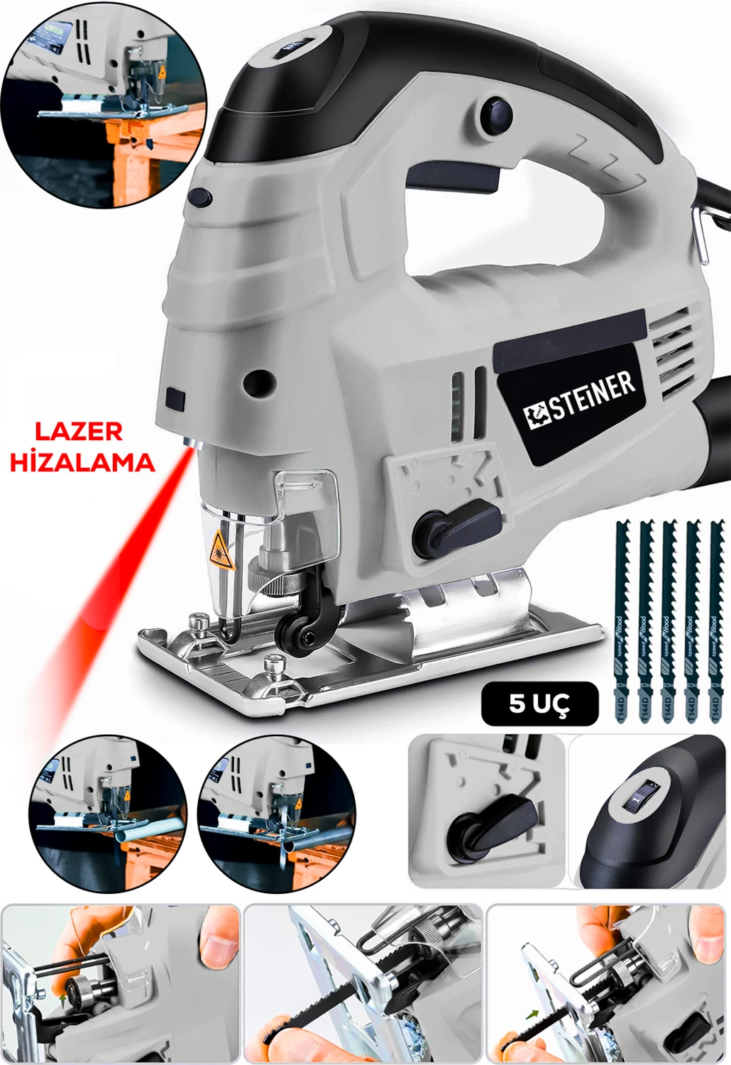 Alman 4600 W Lazerli Sjs Metal Şanzuman 6 Kademe Devirli Pandül Ayarlı Dekupaj Testere Makinesi 5 Uç Gri