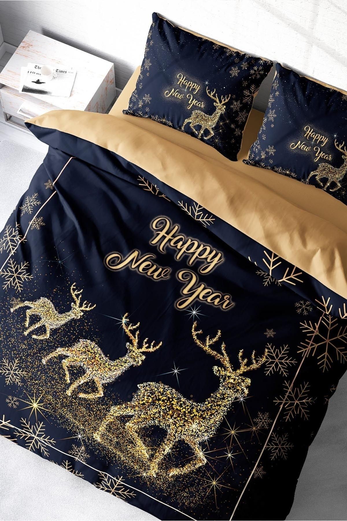 Yılbaşı Süsü Merry Christmas Çift Kişilik 3D Nevresim Takımı Pamuk Saten Geyik.
