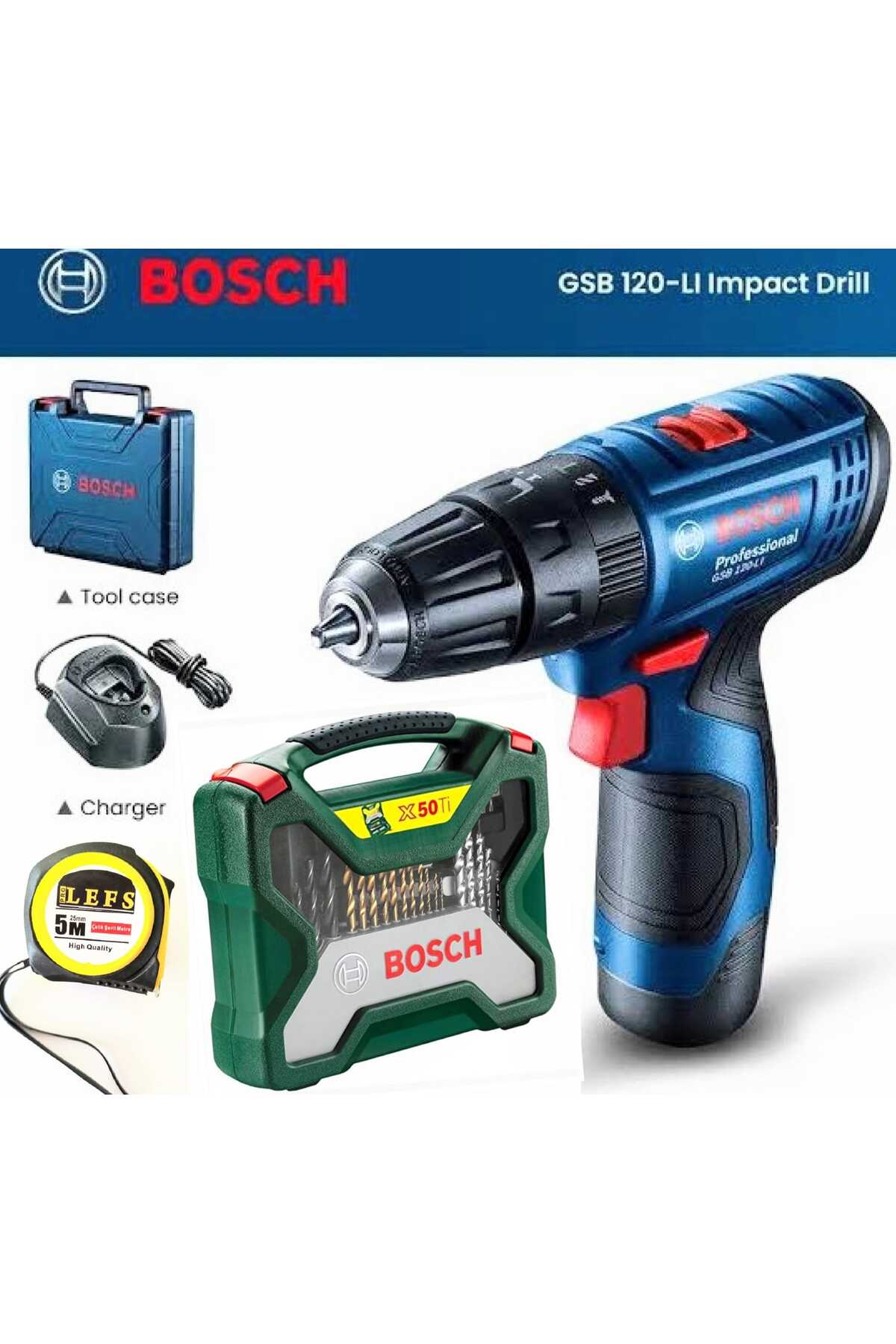 BOSCH Gsb 120 Li Darbeli Matkap Vidalama (TEK AKÜ) , 50 Parça X-line Titanyum Uç seti ve Metre