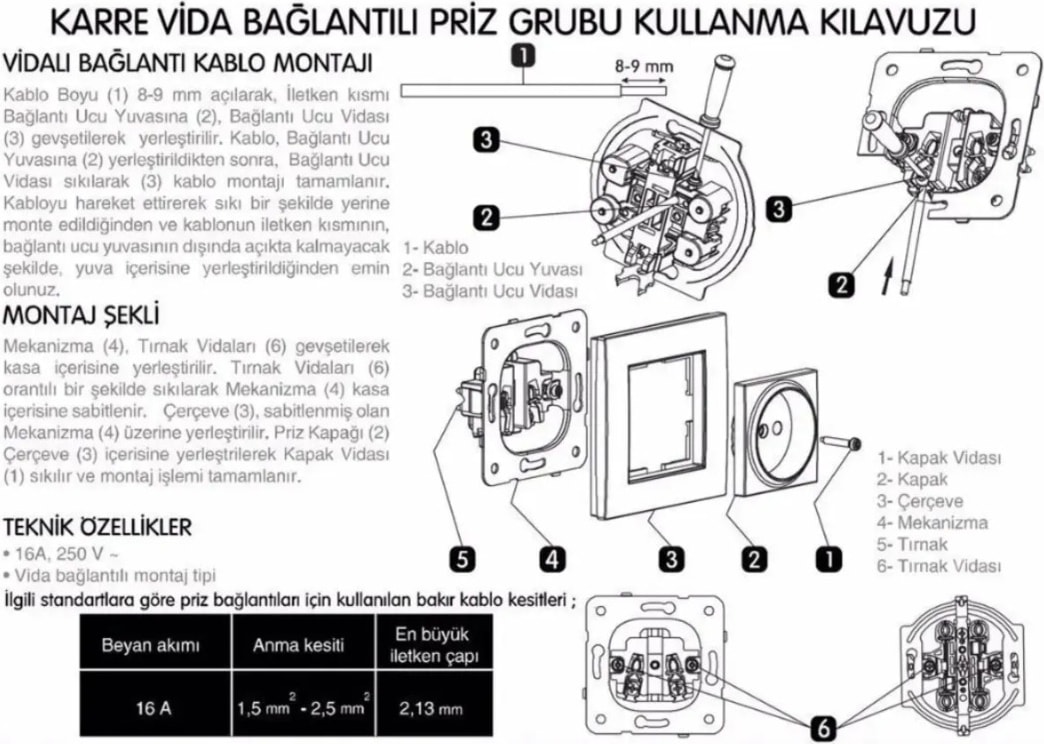 Karre Beyaz Topraklı Priz Çerçeveli 9 Adet
