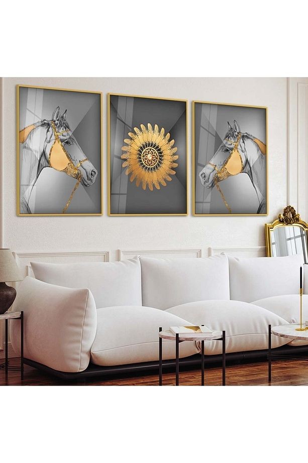 Gold Metal Çerçeveli Minimalist Soyut Desen Üçlü Kırılmaz Cam Tablo Seti
