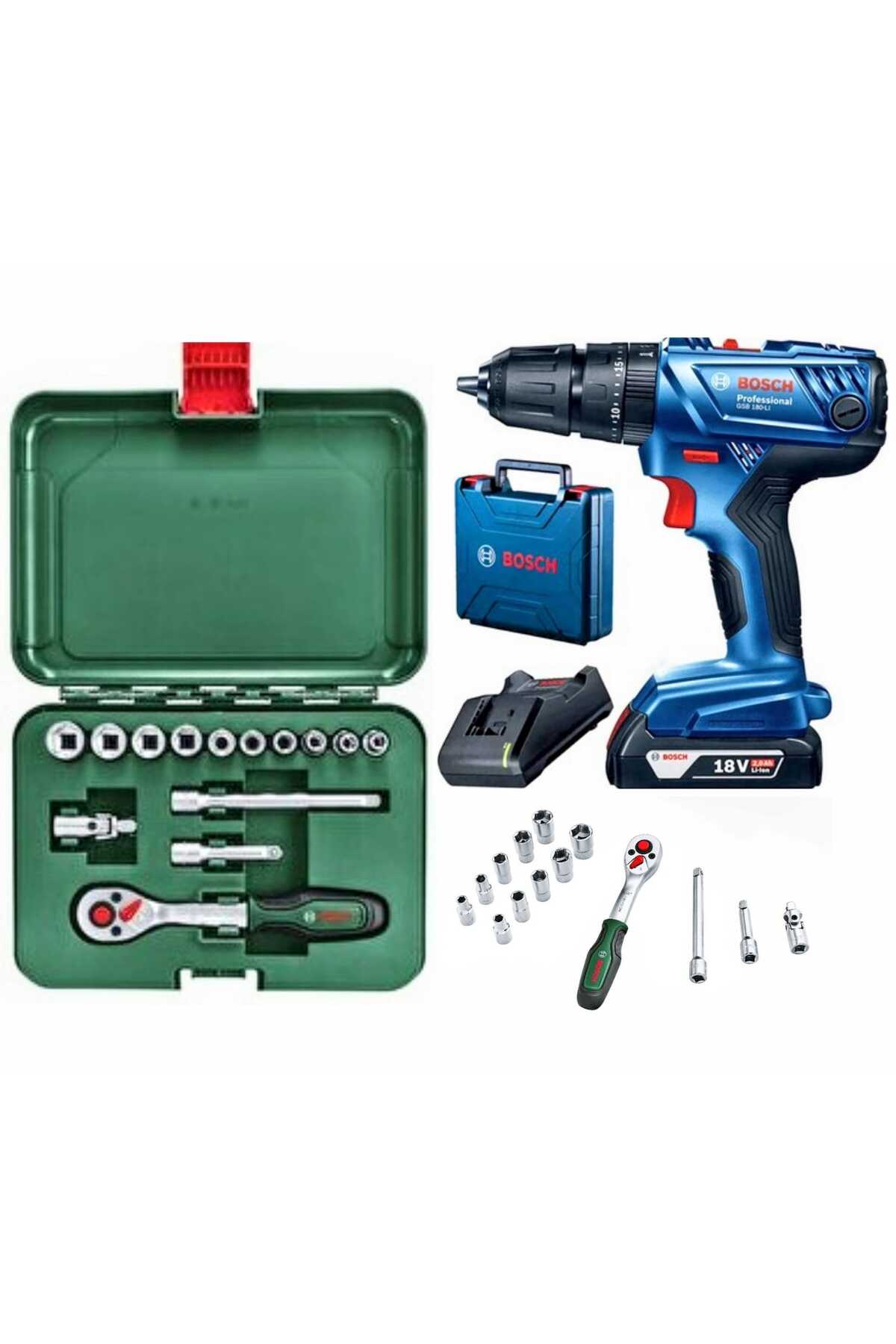 BOSCH Gsb 180 li Tek Akülü Darbeli Şarjlı Matkap Vidalama ve 14 Parça  Lokma Seti Hediye