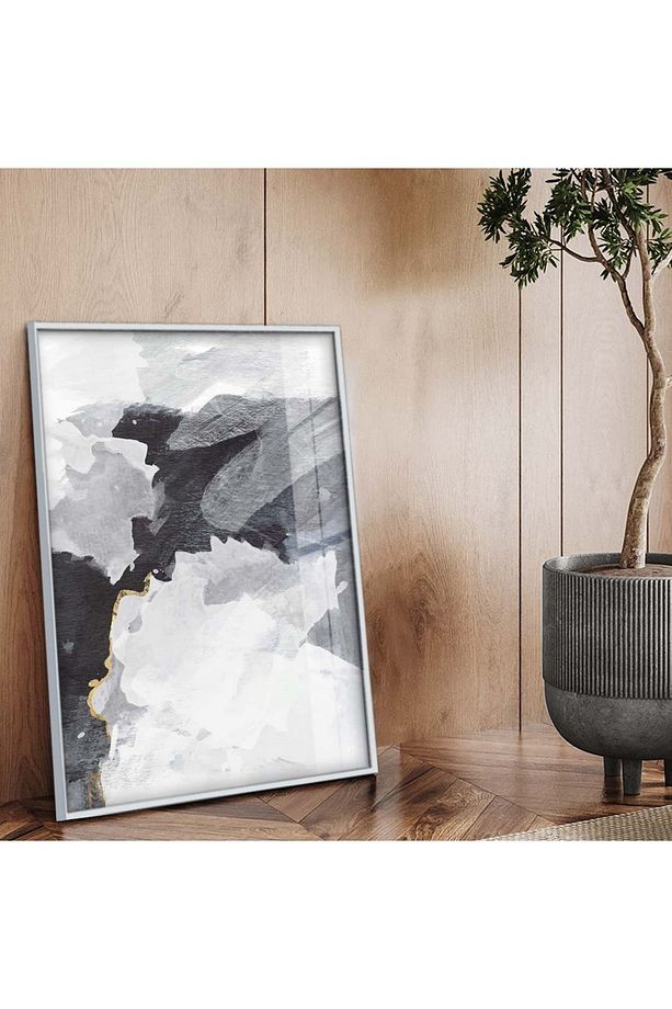 Gümüş Metal Çerçeveli Modern Çizim Soyut Tema Kırılmaz Cam Tablo