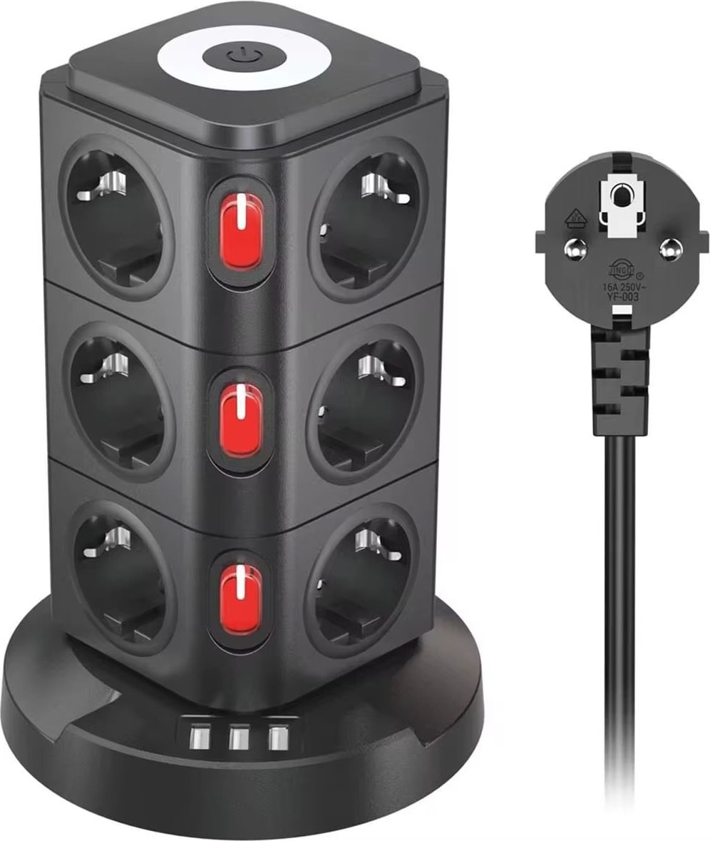 Akım Korumalı 12 Prizli Çoklu Uzatma Kablosu - 3 USB Girişli, Anahtarlı, Kule Tipi, 2 Metre Wireless Kablosuz Şarj