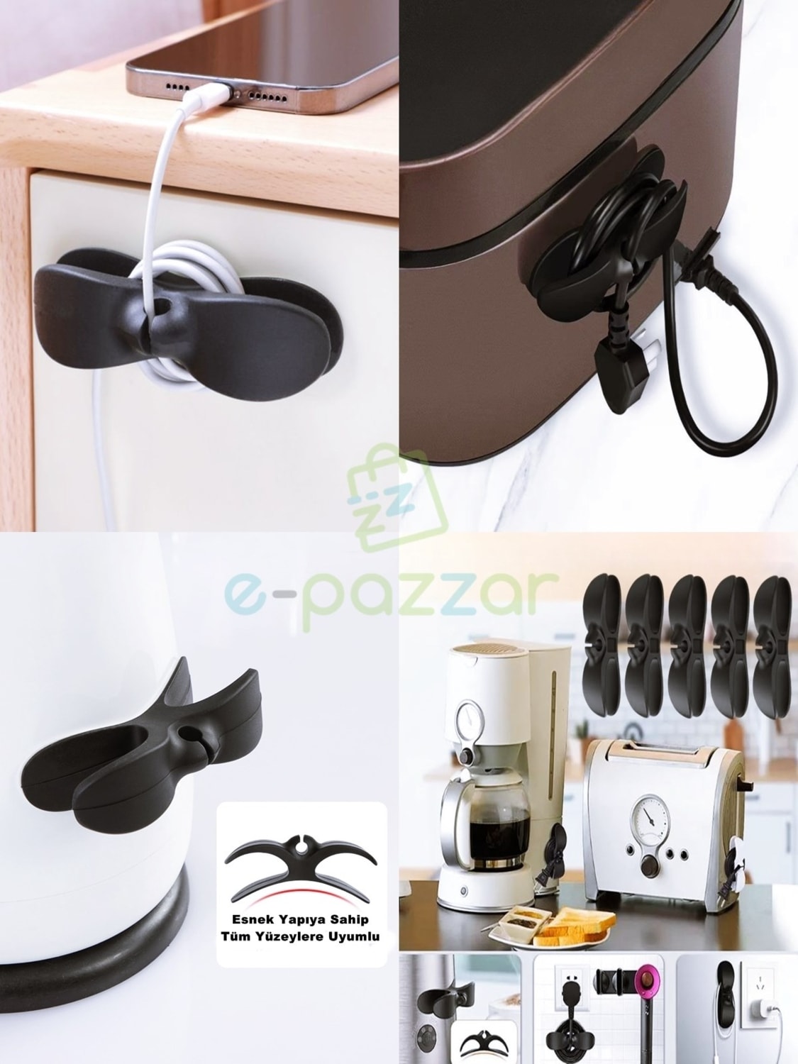 5 Adet Yapışkanlı Kablo Düzenleyici Airfriyer Mikser Fırın Kettle Şarj Pc Fiş Kablo Sarma Aparatı