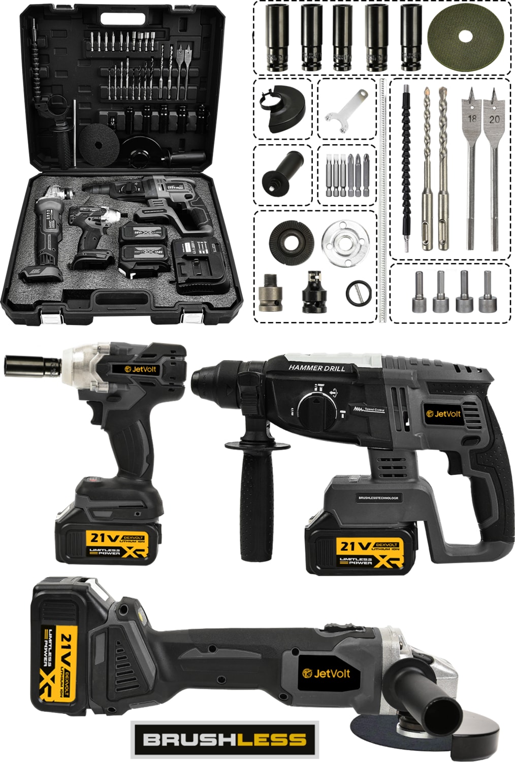 21V 2.0AH 3 Lü Set Şarjlı Matkap Hilti 2-26MM 450NM Torklu Vidalama Somun Sıkma Şarjlı Taşlama 125MM - Siyah
