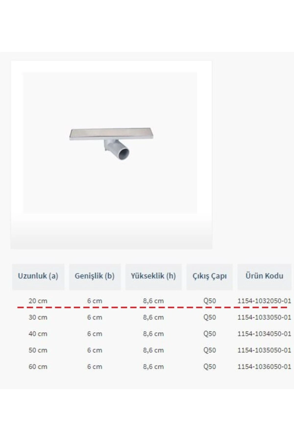 Lineer Duş Kanalı LINE/4E PLAIN IZGARALI Ø50 Yandan Çıkış 20cm (Yer Süzgeci-Sifon)