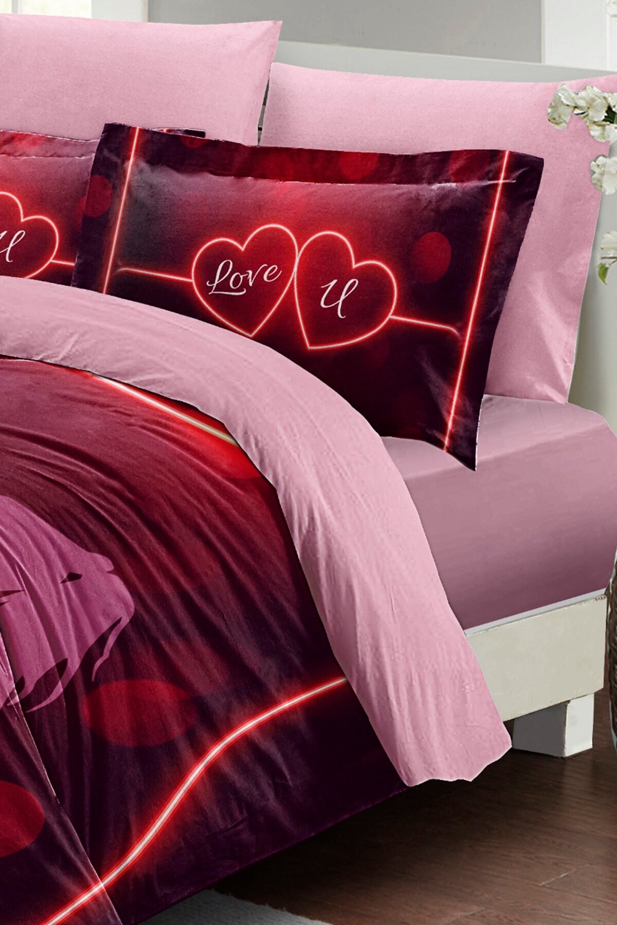 Kıng Sıze Sevgililer Günü Çift Kişilik Nevresim Takımı%100 Pamuk Saten Love U 220x240cm