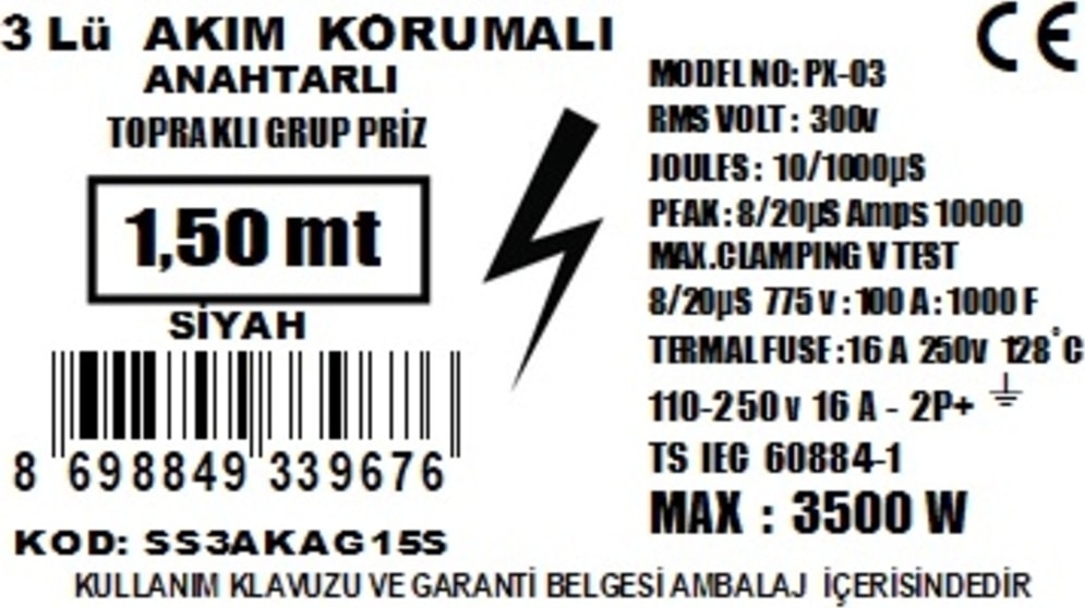 Üçlü Akım Korumalı Anahtarlı Grup Priz 1,5 Mt Siyah