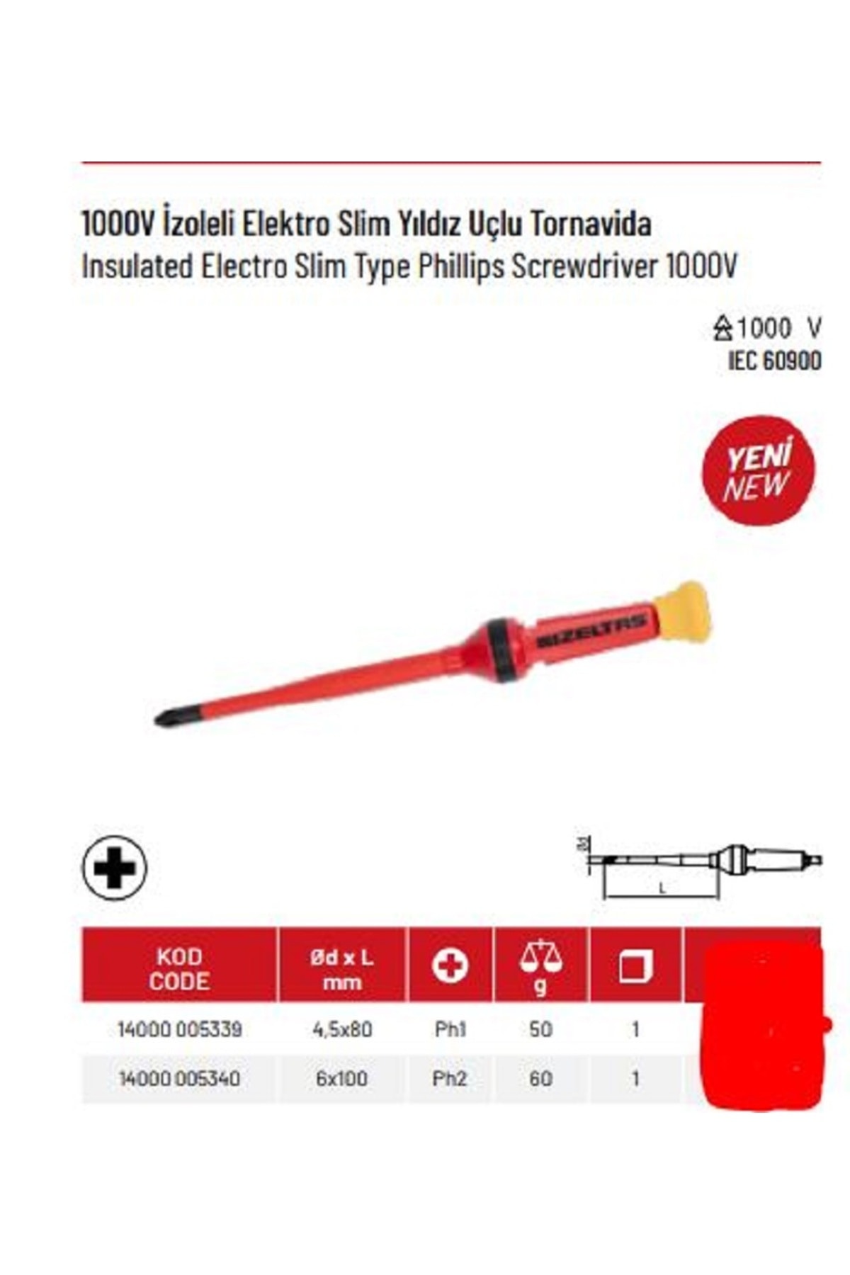 1000 V İZOLELİ ELEKTROSLİM YILDIZ UÇLU TORNAVİDA PH2 6x100