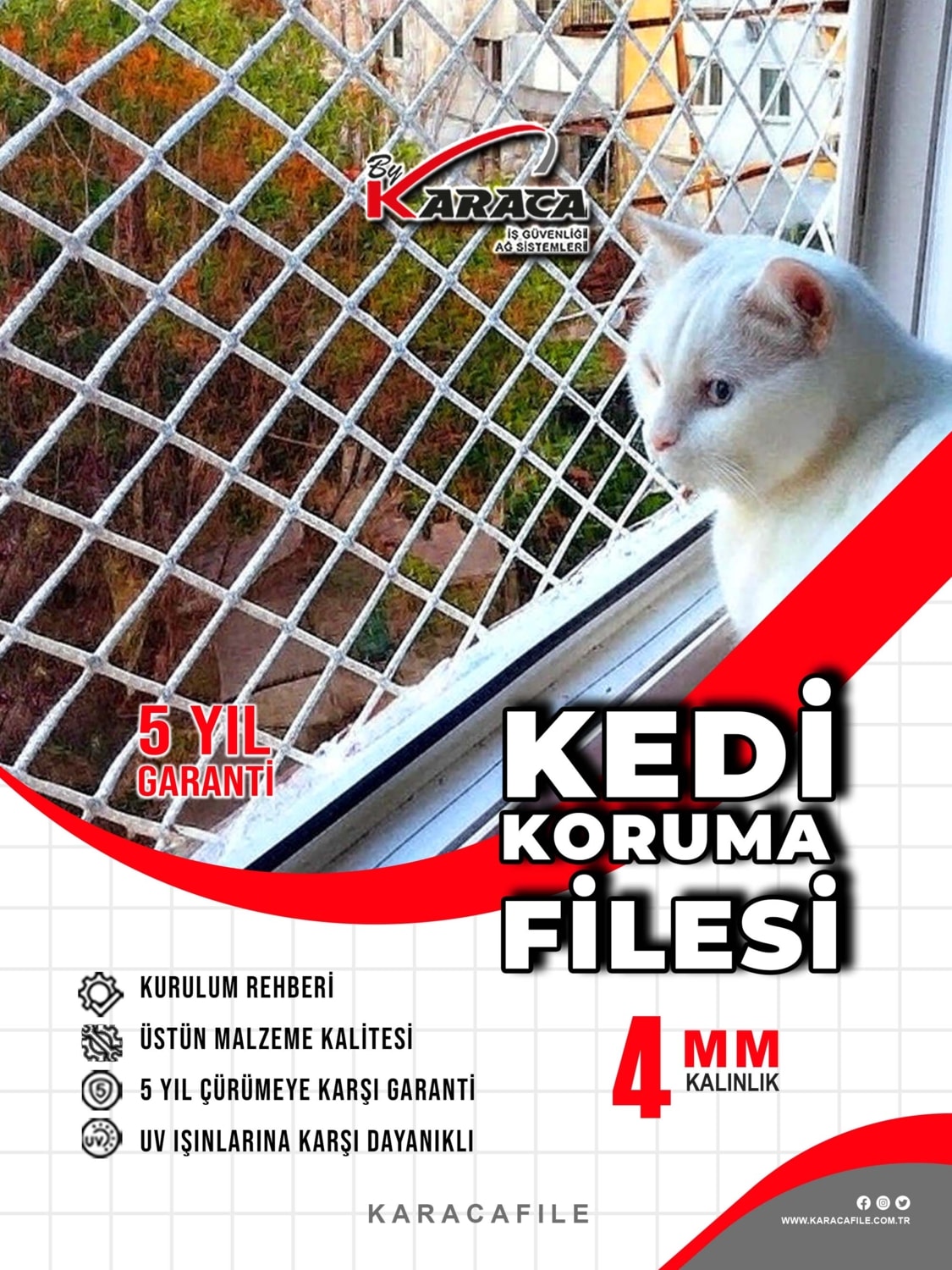 Balkon Güvenlik Filesi – 2 M Yükseklik | Metreyle Kesim | 4 mm Ip, 4x4 cm Göz Aralığı + Montaj Aparatları (Beyaz)