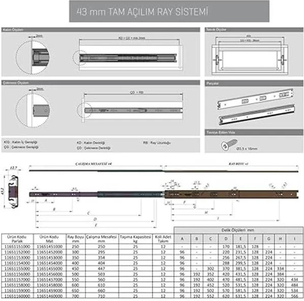 Galvanizli Teleskopik Çekmece Rayı 43X400