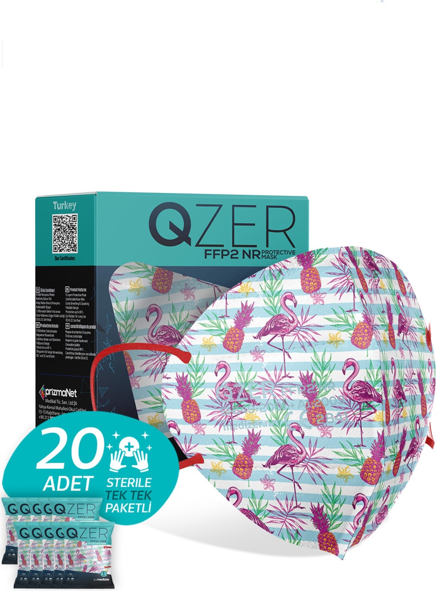 Qzer Tropikal Flamingo Desenli Ffp2 N95 Maske 5 Katmanlı