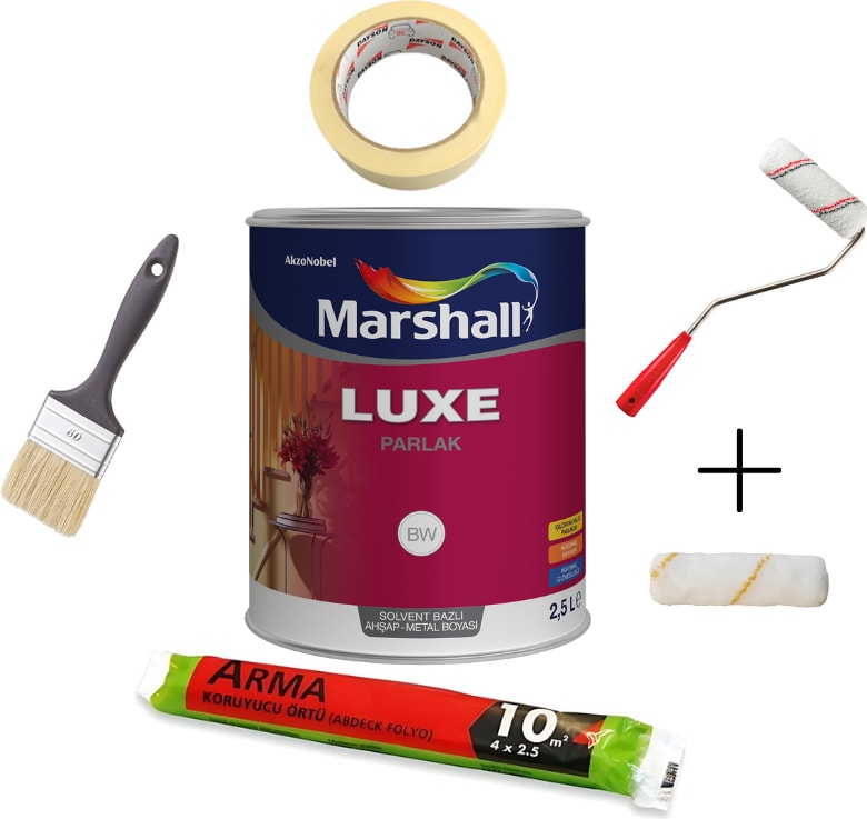 Luxe Parlak Sentetik Yağlı Boya 2.5 Lt Beyaz ve Ekipmanları