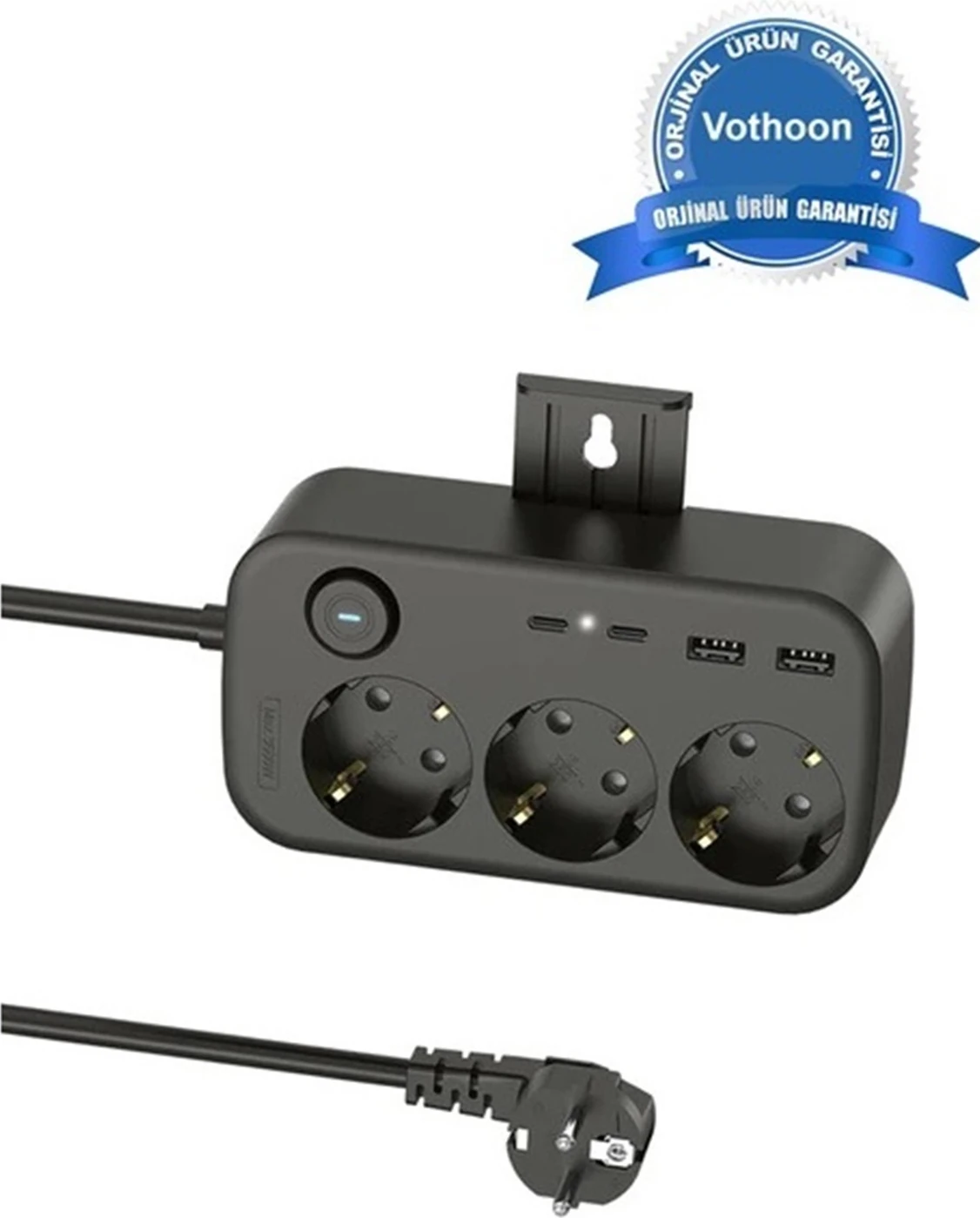 Akım Korumalı Priz 2 USB + 2 Type-C Girişli 2 Metre Kablosu Anahtarlı ve Duvara Monte Edilebilir