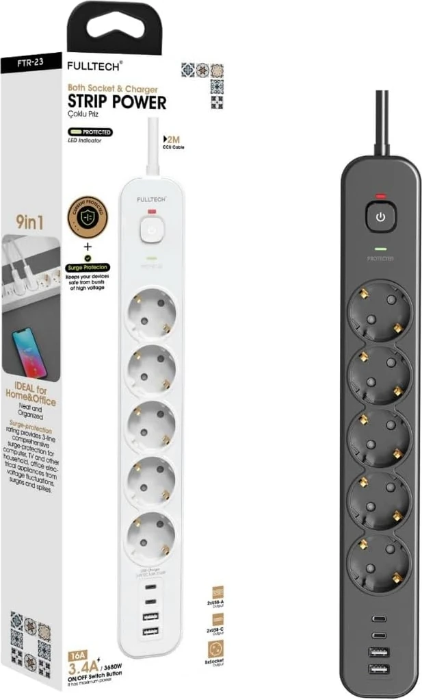 Korumalı Priz, 5'li Priz Soketi, 5x Fiş Soketi, 2x USB Girişi, 2x Type-C Girişi, Dayanıklı Yapı, 2 Metre Kablo Uzunluğu, Aşırı Gerilim Çoğaltıcı (16A/3680W)