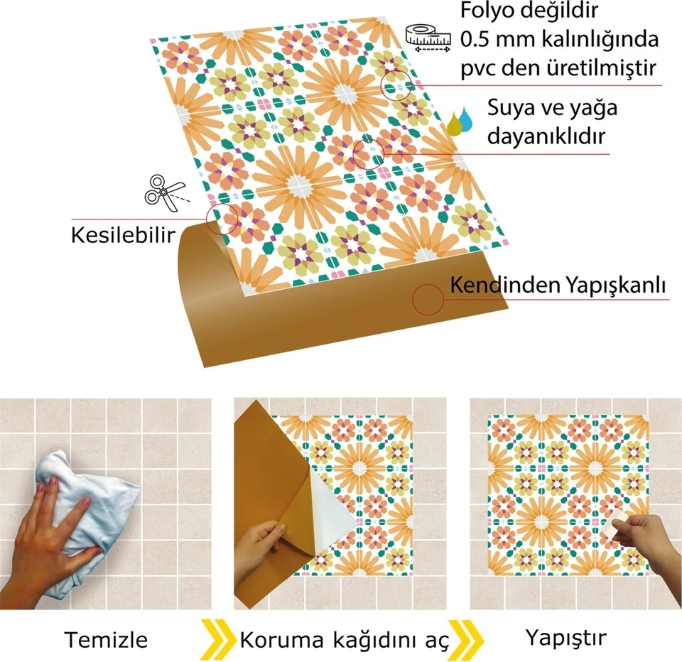Kendinden Yapışkanlı Turuncu Çiçek Bahçesi Desenli Pvc Karo 30X30 cm (33 Adet) 3m2