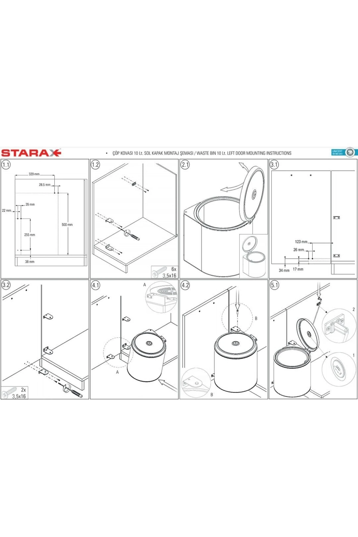 Orjinal Starax S-2251 Kapağa Monte Dolap Içi Tezgah Altı Çöp Kovası Paslanmaz Gövde 10 Lt.